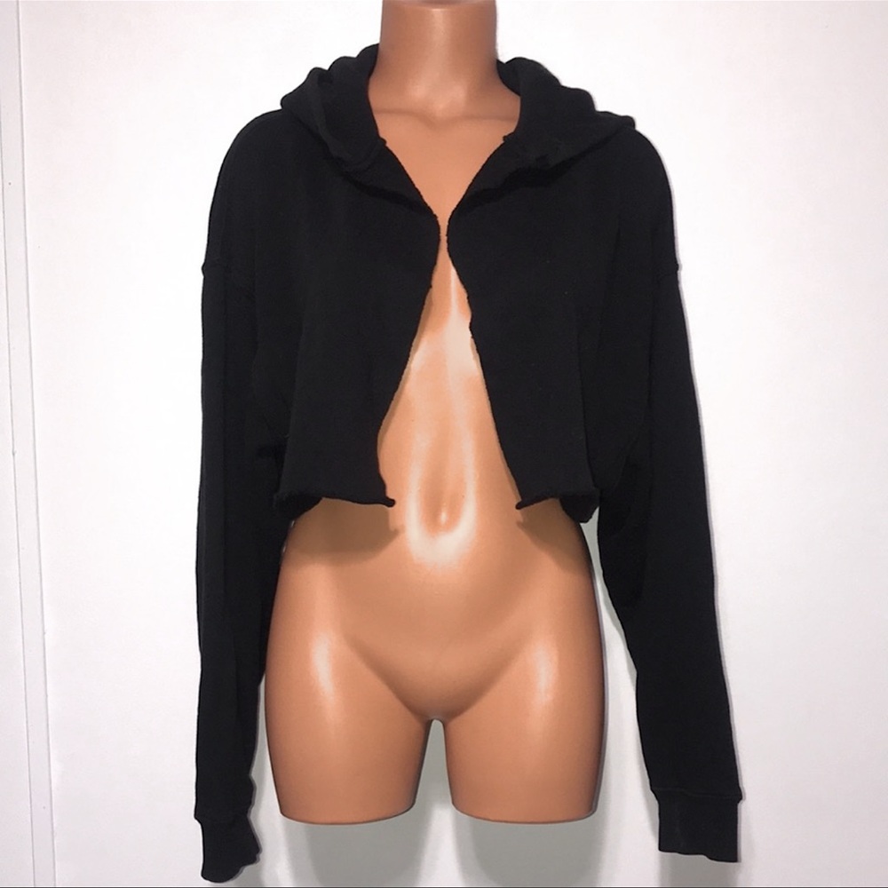 Reformation Jeans Black Cropped Open Front Jacket Hoodie | Size L